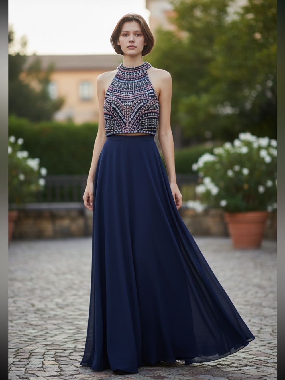 Rachel Allan 2 piece Navy Beaded Top & Skirt Evening Gown High-end Retail $458